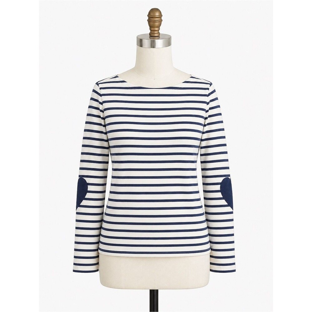 J Crew Factory Boatneck striped top with heart elbow patches navy white Sz M NWT